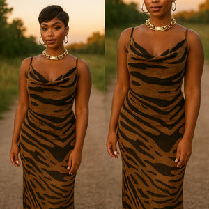 Brown Animal Print Spaghetti Strap Sheath Maxi Dress