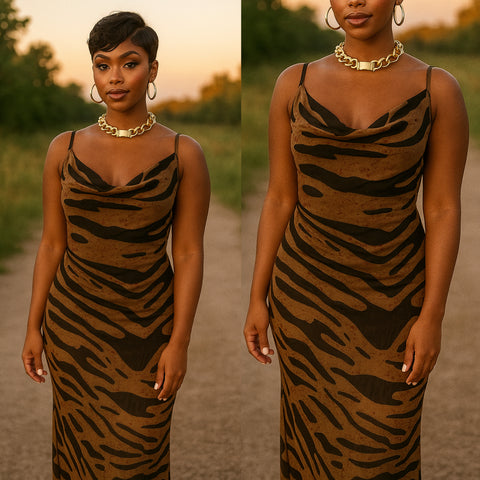 Brown Animal Print Spaghetti Strap Sheath Maxi Dress