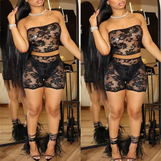“Lace Me Out” Lace Bandeau 2 Piece Short Set