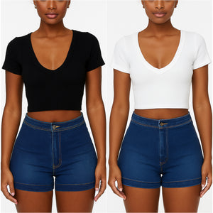 Ribbed V Neck Cap Sleeve Crop Top
