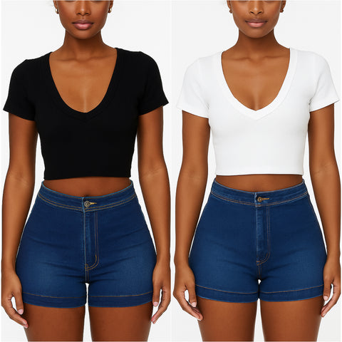 Ribbed V Neck Cap Sleeve Crop Top