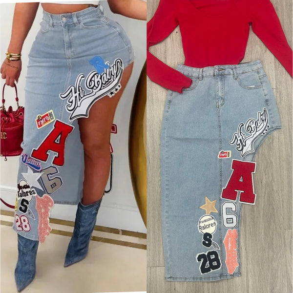 “Patched” Denim Asymmetrical patchwork Skirt