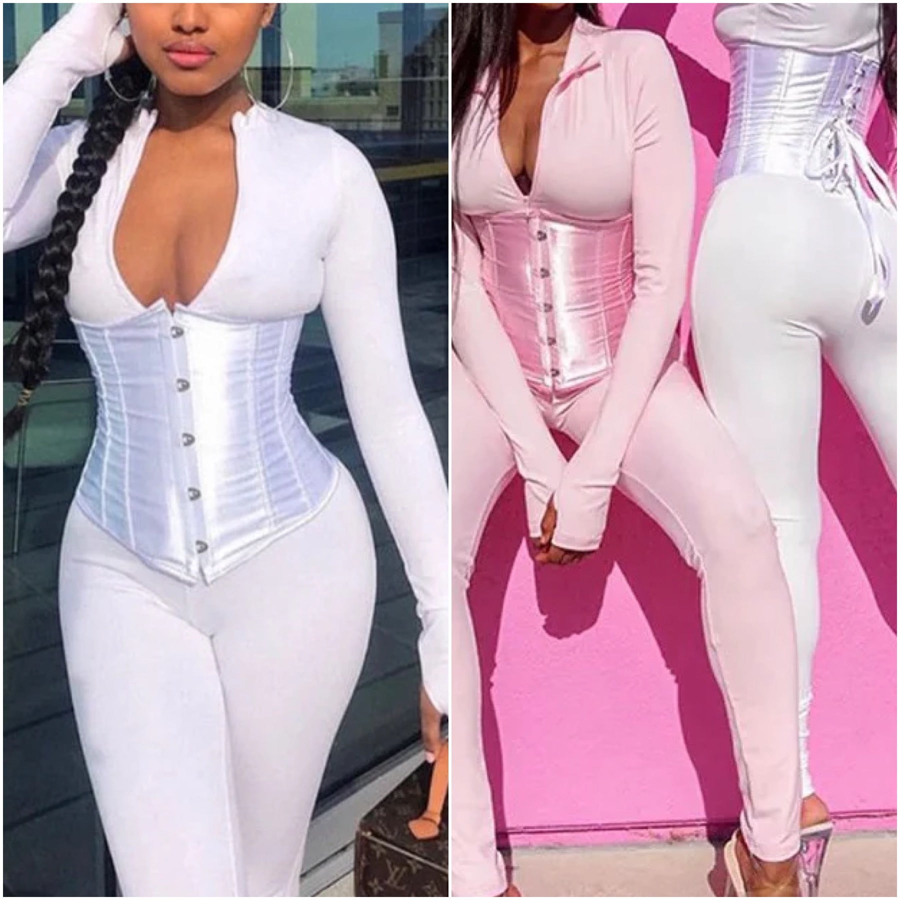 “Bunny” White Thumb Hole Long Sleeve Jumpsuit & Corset Set