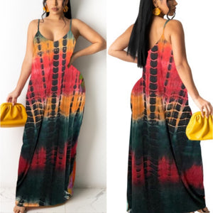 “Jamaican Breeze” Tie Dye Pocket Spaghetti Strap Maxi Dress with Scarf
