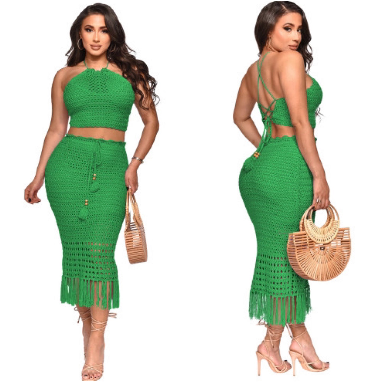 “Lakes” Lightweight Knit 2 Piece Tassel Crochet Maxi Skirt Set coverup