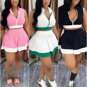 “Preppy Chic” Stretch Ribbed Zip Crop Top & Tennis Skirt 2 Piece Set