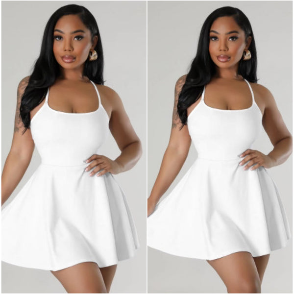 Skater Baby” White Cross Back Spaghetti Strap Mini Skater Dress