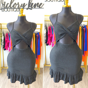 “Arianna” Crinkled Spaghetti Strap Cut out Ruffle Party Dress