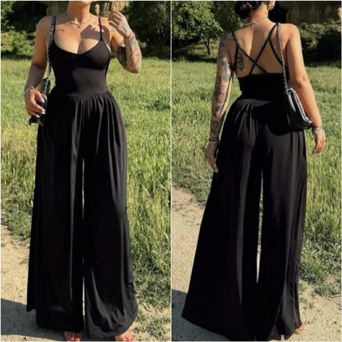 “Mary” Black Wide Leg Cross strap back Jumpsuit