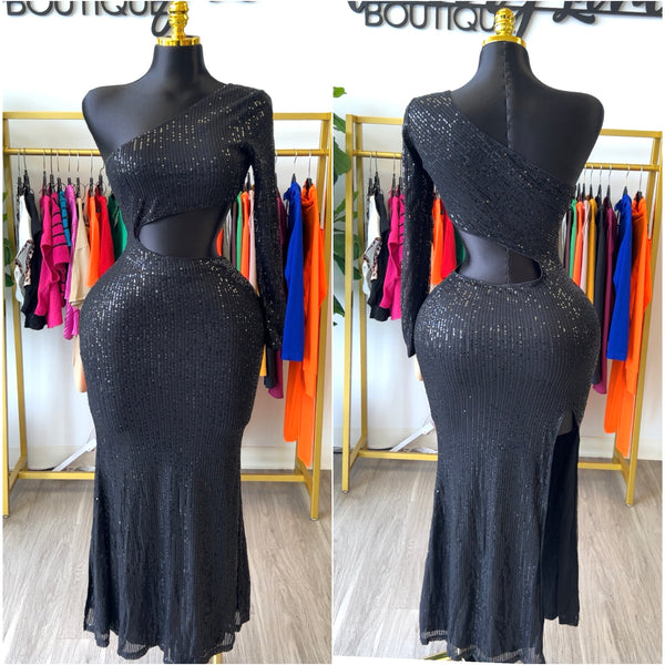 “Steal the Night” Black Sequin Long Sleeve One Arm Cut Out Maxi Dress Gown