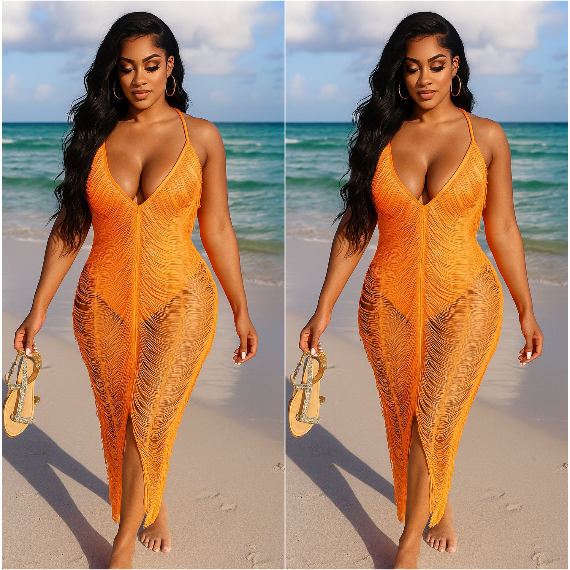 “Tropicana” Bright Orange Fringe Dress Beachwear