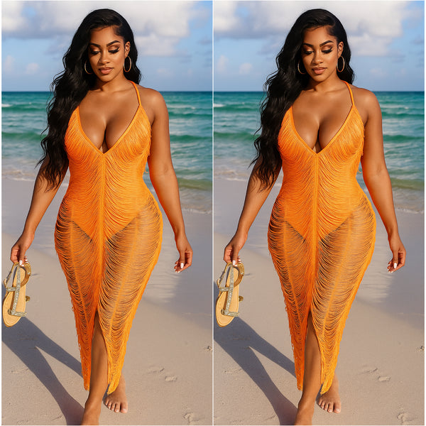 “Tropicana” Bright Orange Fringe Dress Beachwear
