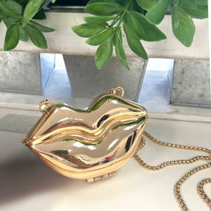 Mini Gold Metal Lips Crossbody Clutch Purse