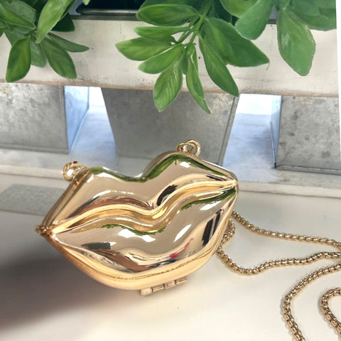 Mini Gold Metal Lips Crossbody Clutch Purse