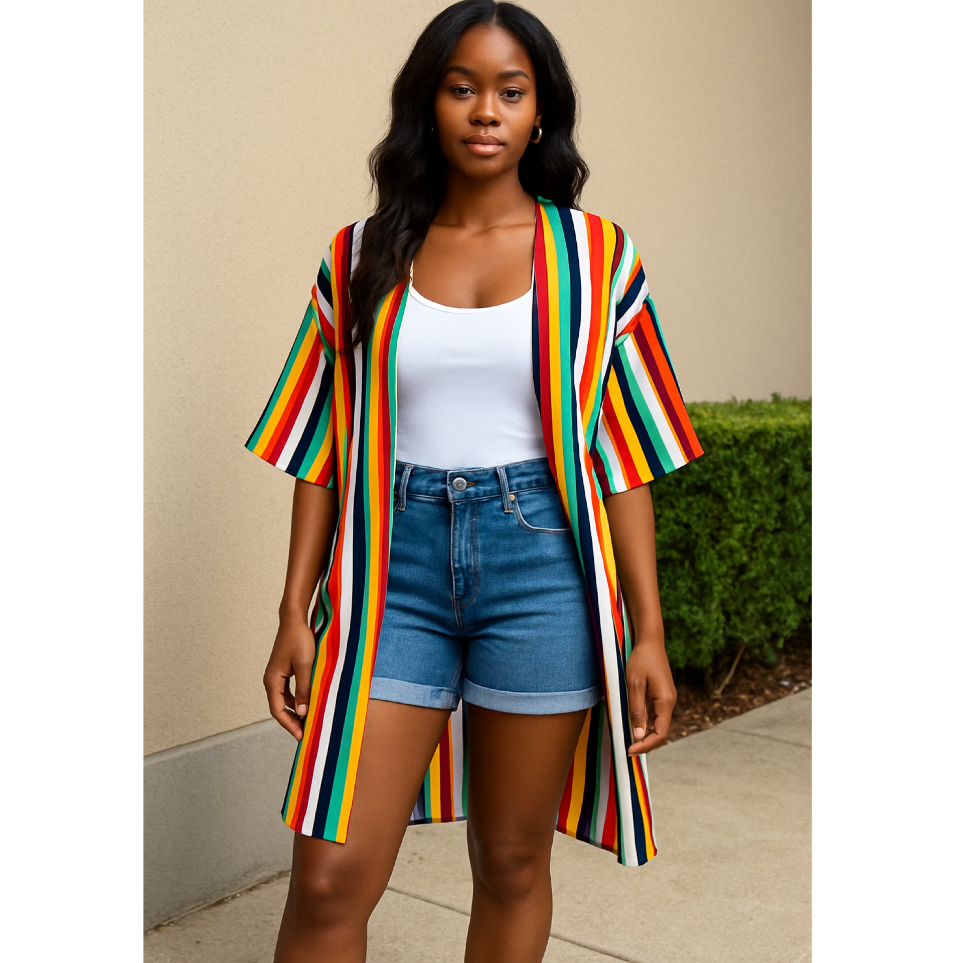 One size Multicolor Stripe belted Kimono