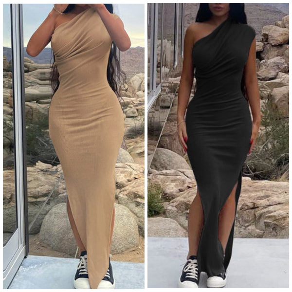 “London” One Shoulder Double Split Ribbed Maxi Dress