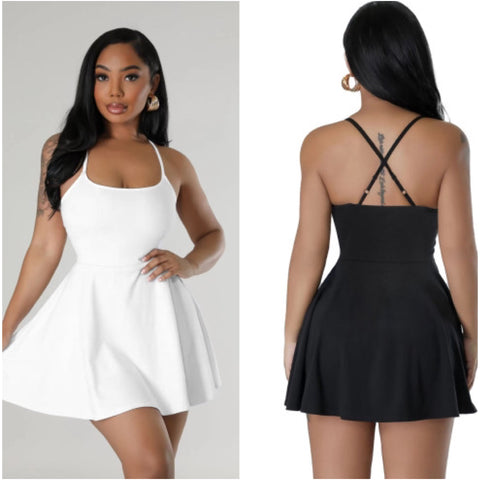 Skater Baby” White Cross Back Spaghetti Strap Mini Skater Dress