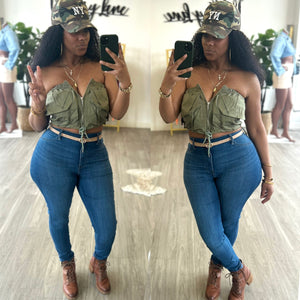 “Brooklyn” Army Green Zip Cargo Halter Top Shirt