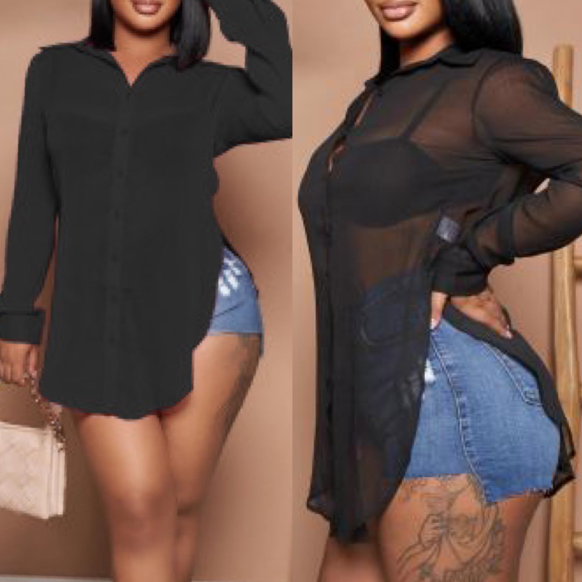 Split Mesh See Through Long Sleeve Button Down Shirt Top