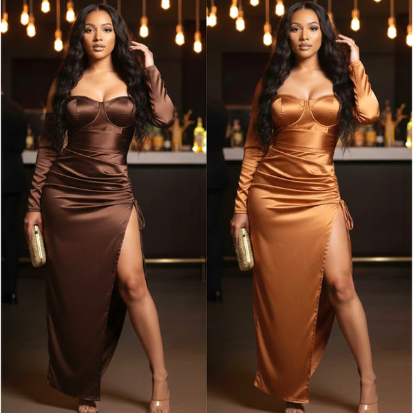 “After 5” Attached Long Sleeve Spaghetti Strap Stretch High Split Maxi Dress Gown