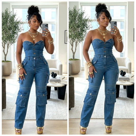 “Downtown Denim” One Piece Denim Cargo Jumpsuit