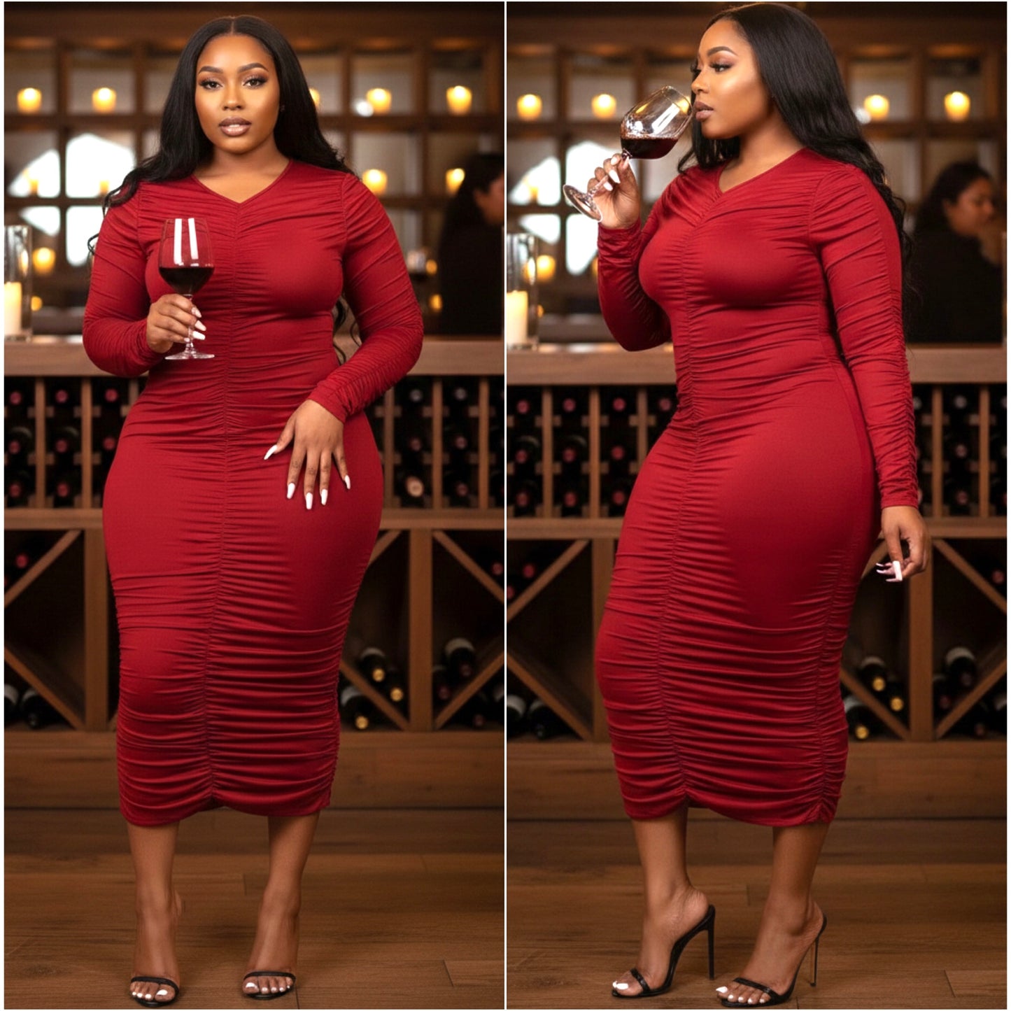 “Fine Wine” Plus Size Long Sleeve Ruched Maxi Dress