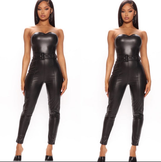 “Halle” Black One Piece Faux Leather Strapless Jumpsuit