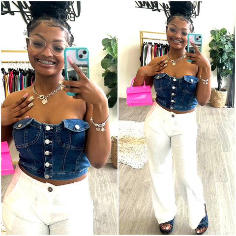 Stretch Medium Wash Denim Button Bustier Top