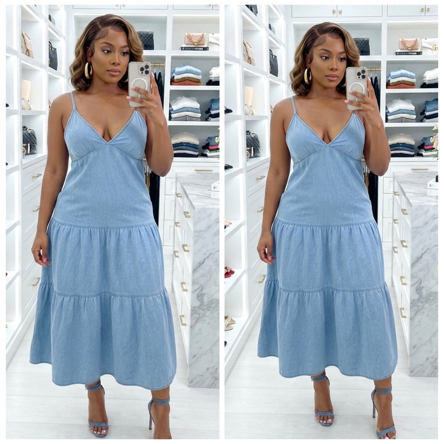 “Dainty Denim” Spaghetti Strap Tiered Dress