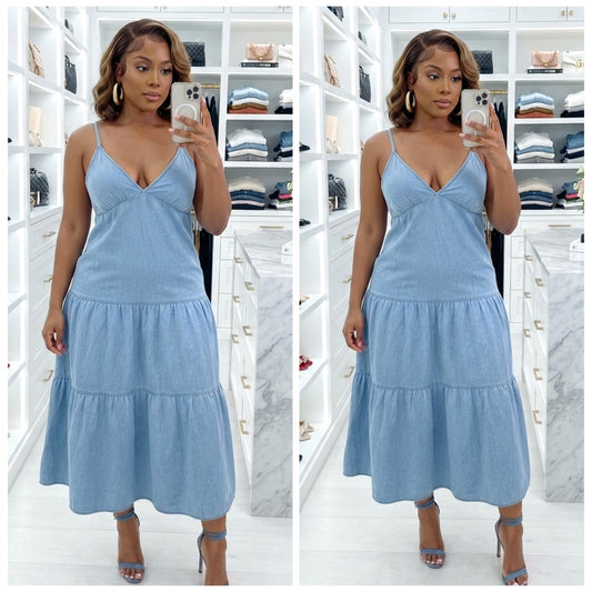 “Dainty Denim” Spaghetti Strap Tiered Dress