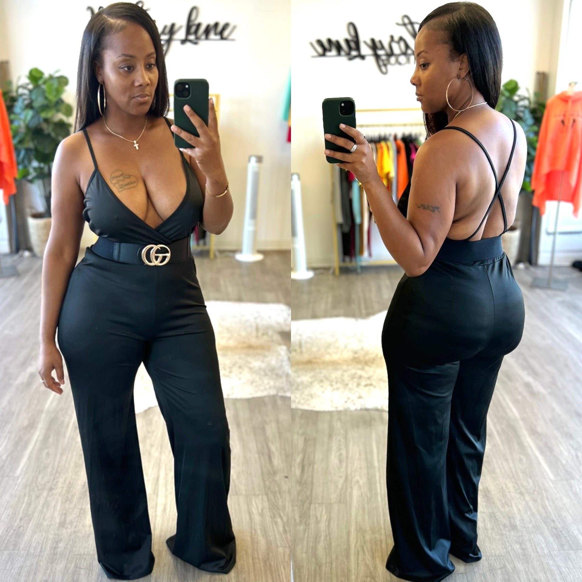 “Miss V” Black Deep V Criss Cross Back Jumpsuit