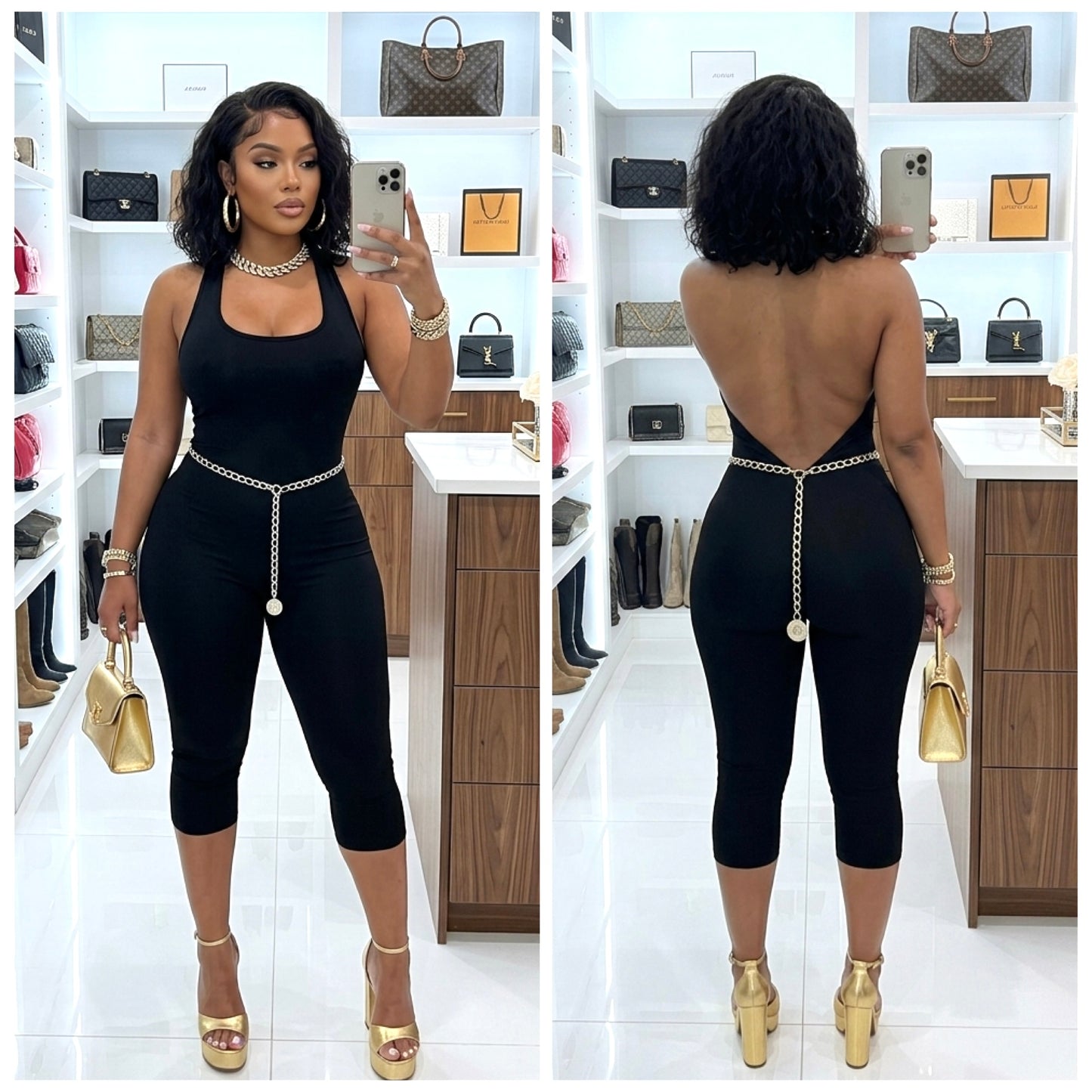 “Asia” Black Backless Capri Jumpsuit with Chain Belt