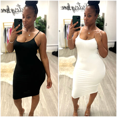 “Sabrina” Ribbed Spaghetti Strap Midi Dress