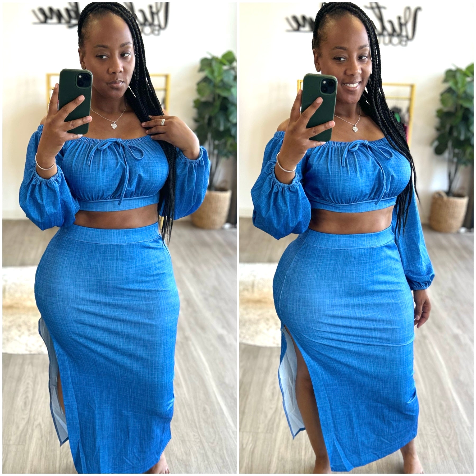 “Julia” Blue 2 Piece Off The Shoulder Top & Skirt Set