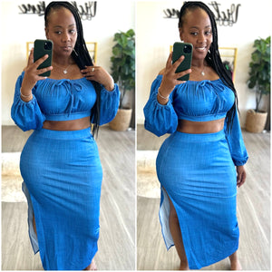 “Julia” Blue 2 Piece Off The Shoulder Top & Skirt Swt