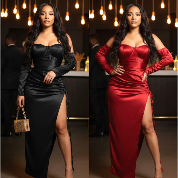 “After 5” Attached Long Sleeve Spaghetti Strap Stretch High Split Maxi Dress Gown