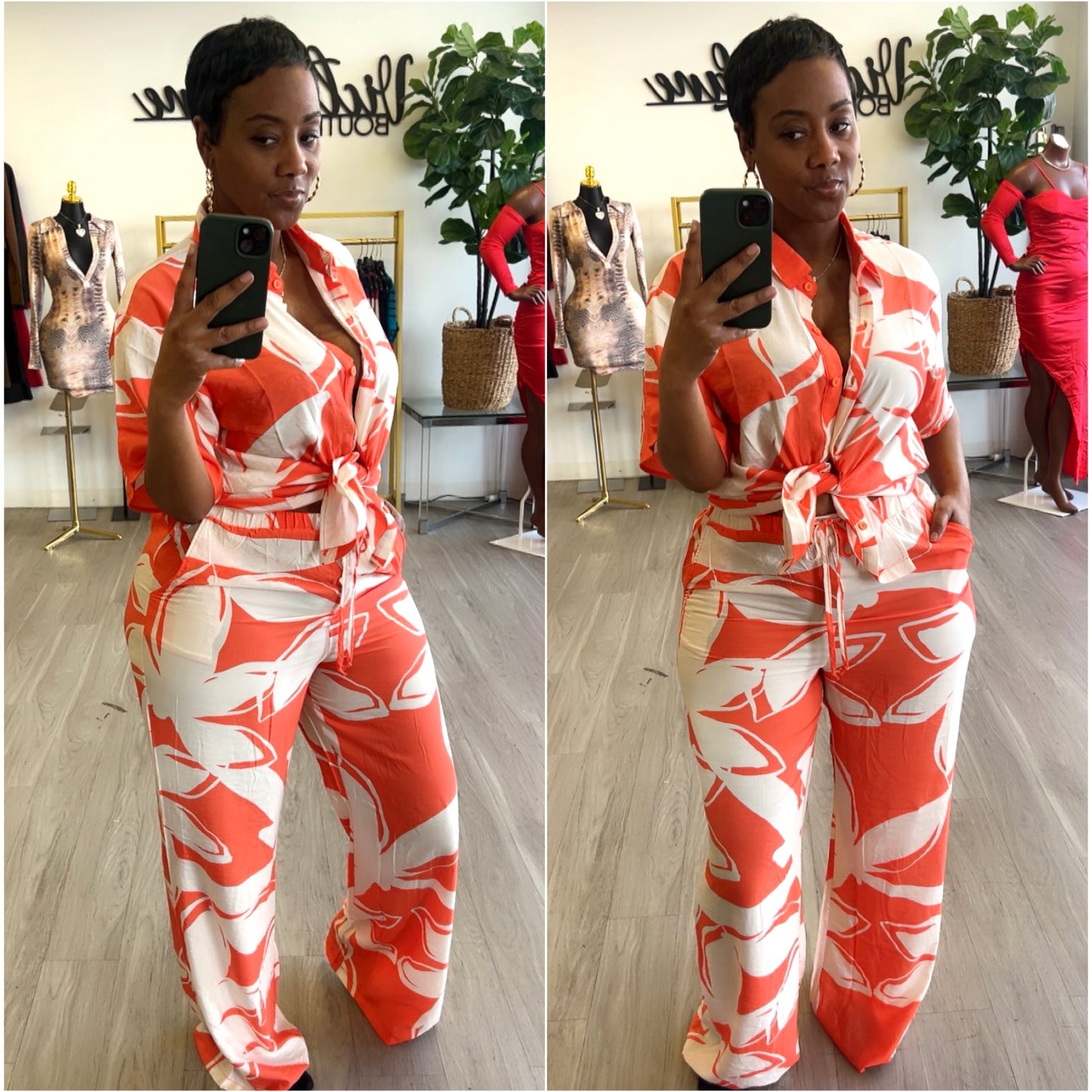 “Tropicana” 2 Piece Wide Leg Leaf Print Button Down Short Sleeve Set