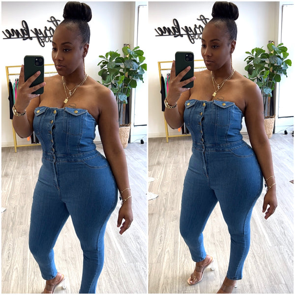 “Spin the Block” Denim Strapless Jumpsuit