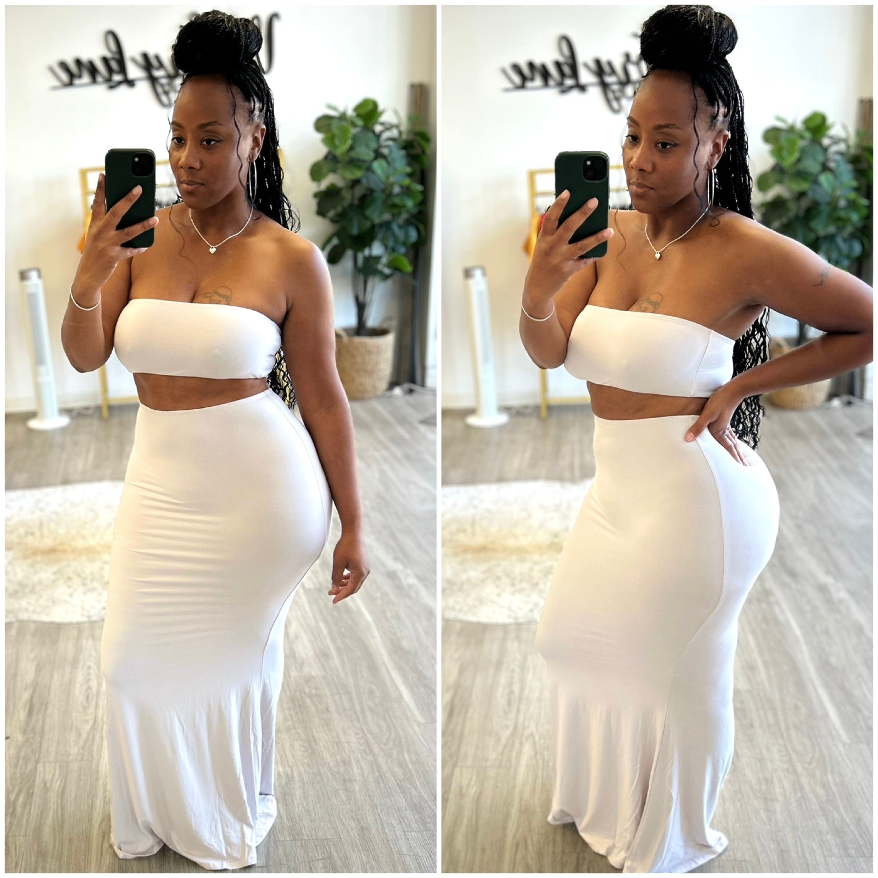 “Venus” Light Gray 2 Piece Bandeau Maxi Skirt Set