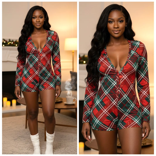 Plaid Holiday Pajama Long Sleeve Romper