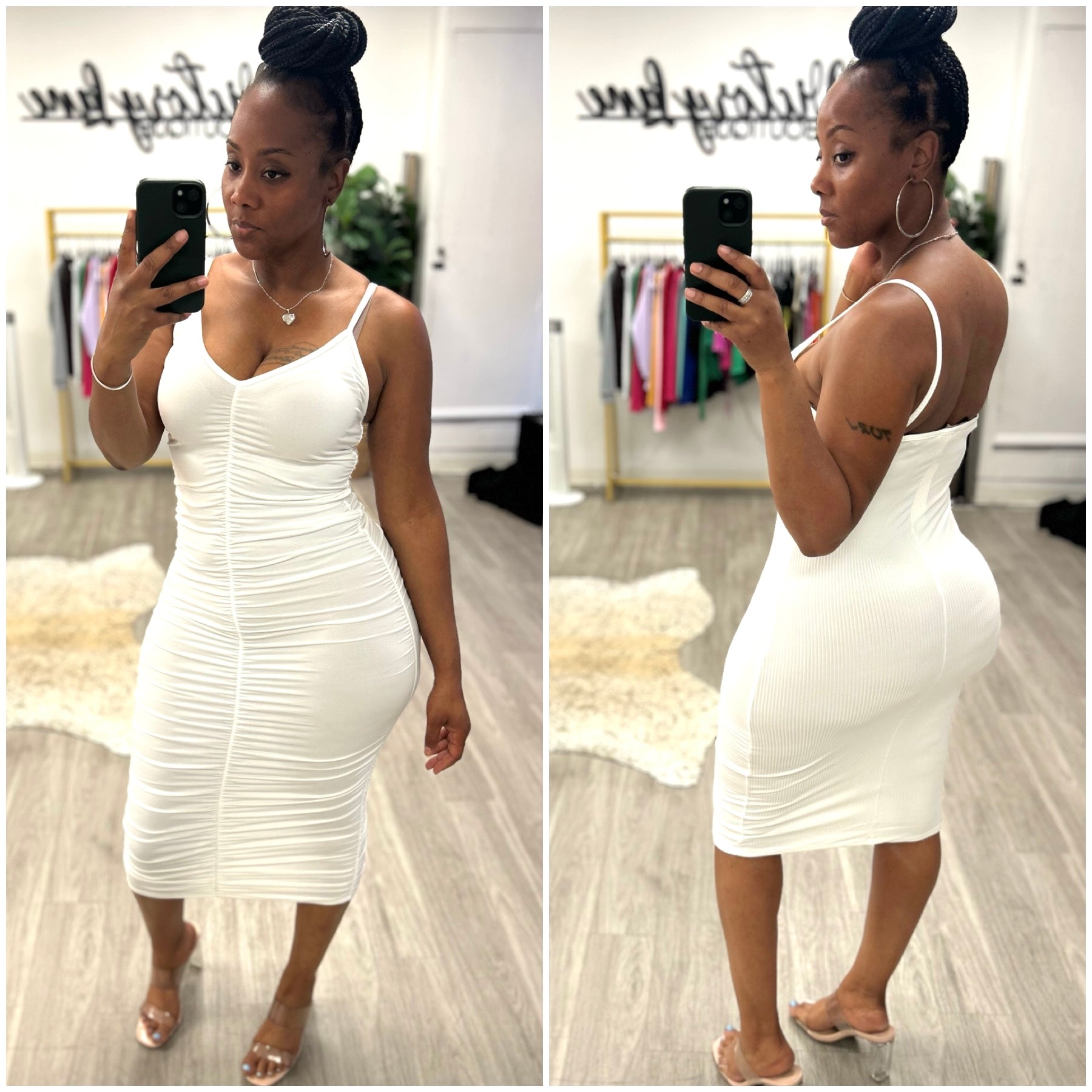 “Icey” White Ruched V Neck Spaghetti Strap Midi Dress