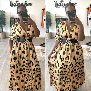 “Leopard Girl” Plus Size Pocket Short Sleeve Silky Leopard Print Maxi Dress