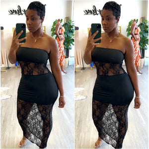 “Love in Lace” Black Lace Strapless Maxi Dress