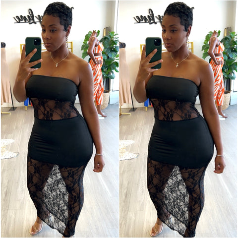 “Love in Lace” Black Lace Strapless Maxi Dress