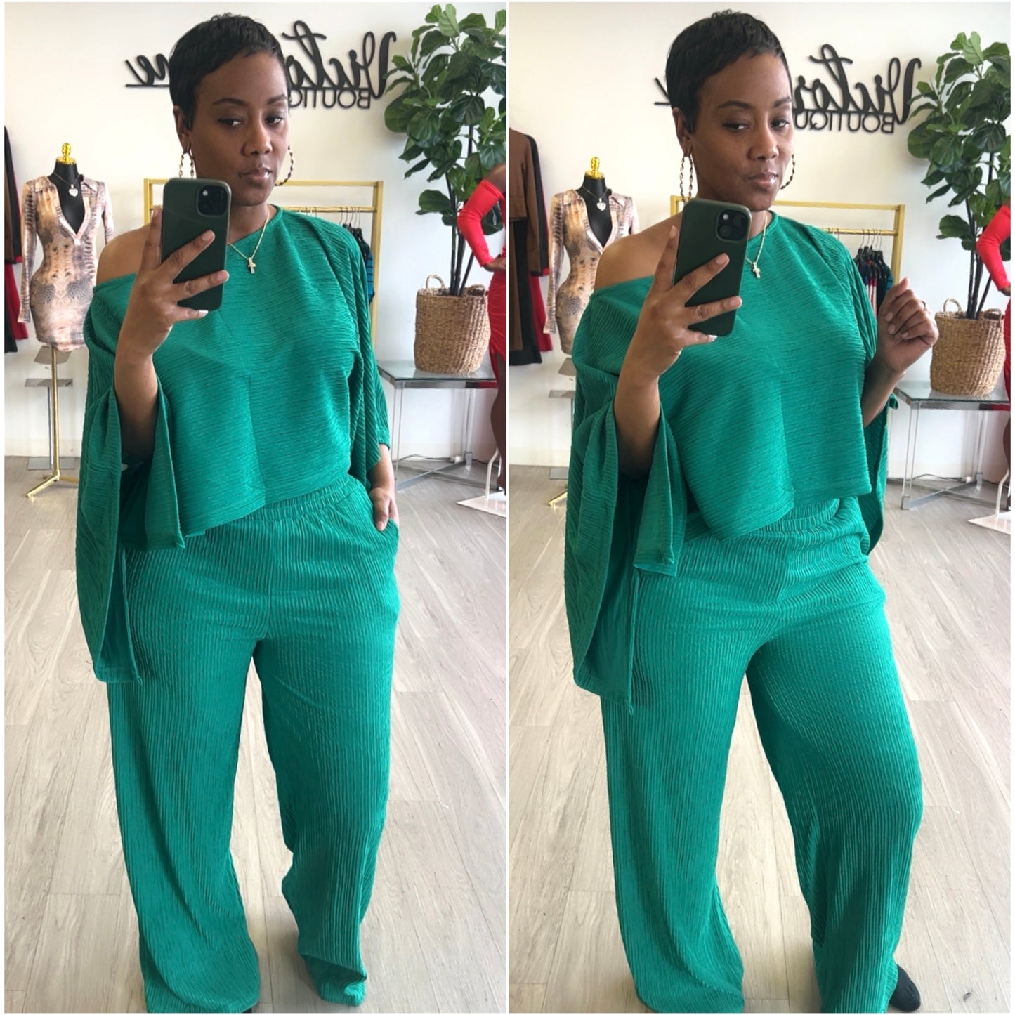 “Tropical Breeze” 2 Piece Wide leg Bat Wing Crinkled Pant Set