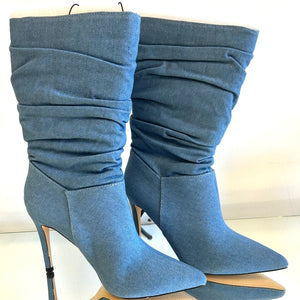 Light Denim Pointed Toe Scrunch Heel Boot