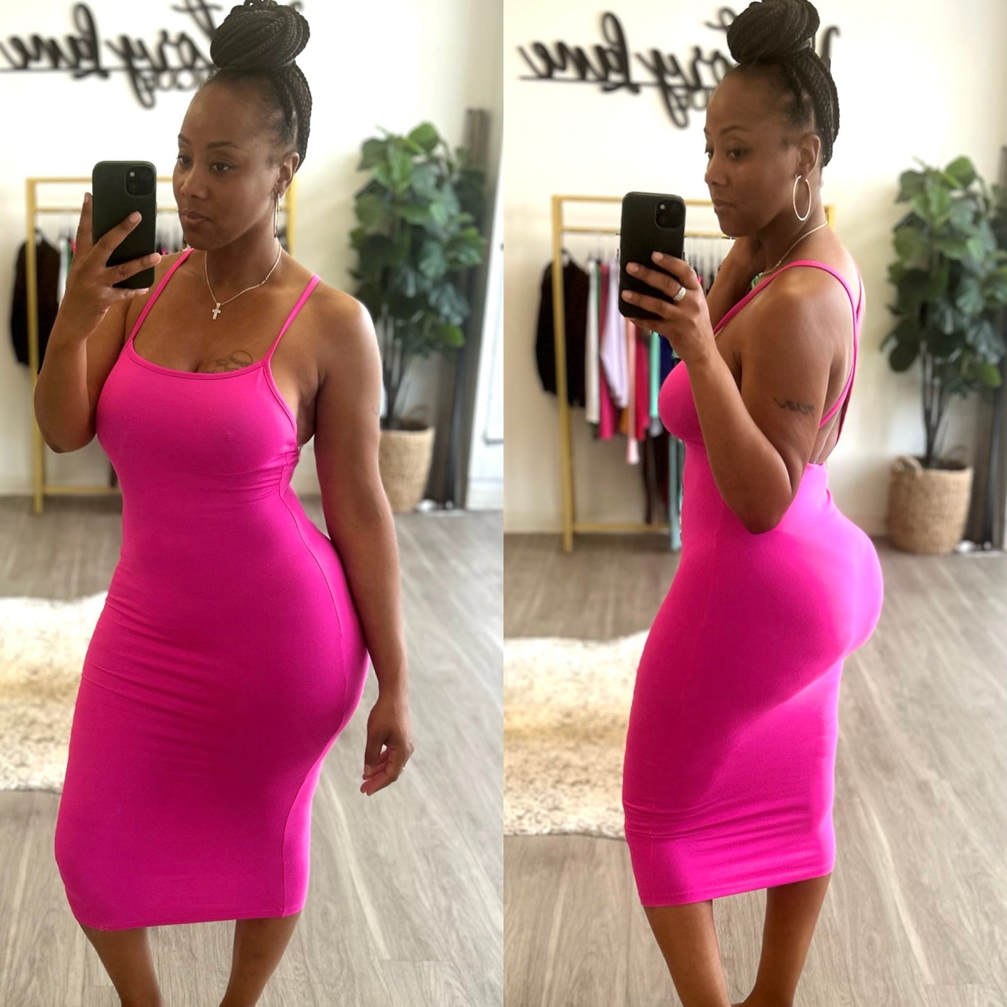 “Joy” Cross Spaghetti Strap Midi Dress
