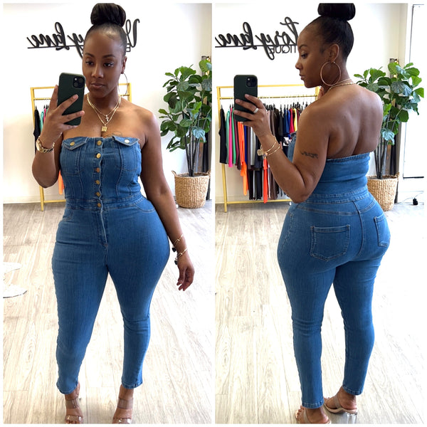 “Spin the Block” Denim Strapless Jumpsuit