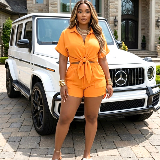 “Peaches” 2 Piece Button Down Short Set