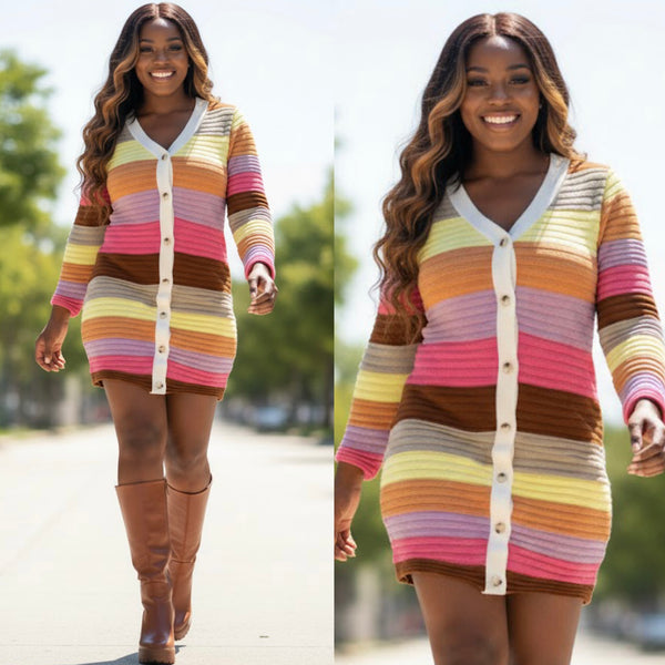 “Destiny” Long Sleeve Stripe Button Down Mini Dress